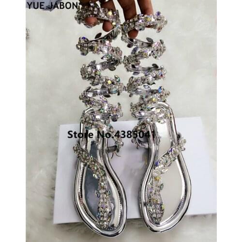 YUE JABON Summer gladiator sandals women Flat Sandals Snake Punk Rhinestone Flat Heel zapatillas mujer Wedding Party shoes