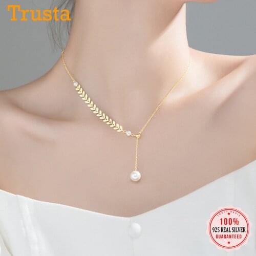 Trustdavis Real 925 Sterling Silver Fashion Leaf Synthetic Pearl Clavicle Necklace For Women Wedding Party Fine Jewelry DS1141
