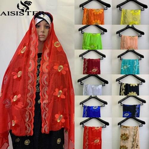 Voile Big Muslim Womens Hijab Scarf Turban African Headscarf Prayer Hats Ramadan Eid Islam Scarves New Embroidery Trendya F007