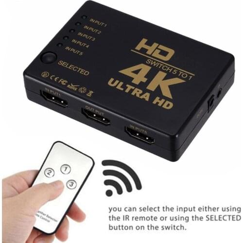 5 Port HDMI-compatible Switch 3D 1080p 4k Selector with Switcher Splitter 1 BOX DVD In IR Controller Remote Hub Out For HDT B5D2