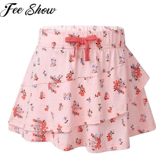 Girls Skirt Cotton Summer Cute Mini Short Skirt Floral Print Layered Ruffle Hem A-line Skirts Toddler Kids Girls Clothing 2-7T
