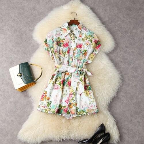 Europe and the United States womens clothing New Summer 2021 Short sleeve lapel lace-up Fashion print jumpsuit shorts