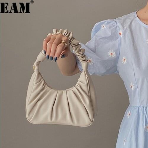 [EAM] Women New beige Baguette Cloud-shaped Folds Pu Leather Personality All-match Top-handle Bag Fashion Tide 2021 18A0138