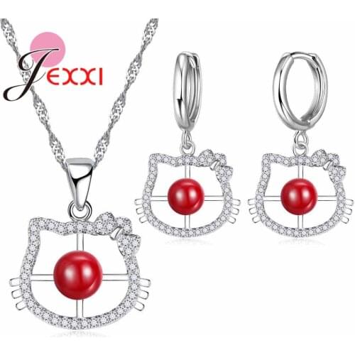 Lovely Cat Shape Pendant Necklace Earrings Jewelry Sets 925 Sterling Silver Red Cubic Zircon Women Fashion Gift