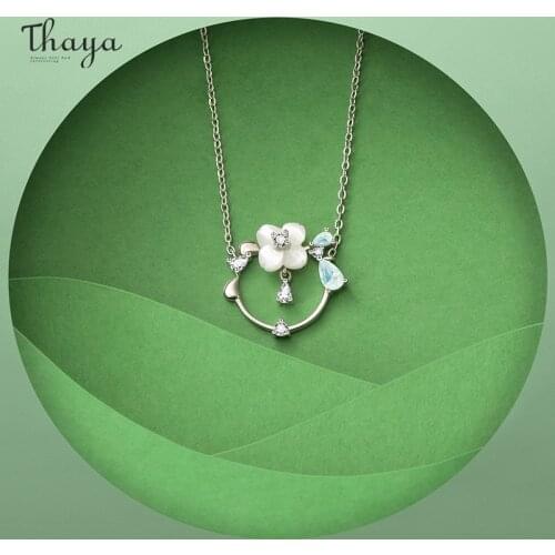 Thaya 45cm Shell Flower Pendant Necklace Crystal Gemstone Silver Plated Light Blue Necklace For Women Elegant Fine Jewelry Gift