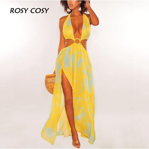 Sexy Backless Haler Bandage Women Maxi Dress Colorful Print V-Neck Slit Lady Beach Dress Summer Femme Streetwear Party Vestido