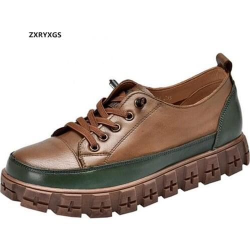 2021 New Spring Retro Lace-up Full Genuine Leather Shoes Women Sneakers Increase Shoes Spell Colors Fashion Casual Shoes Flats