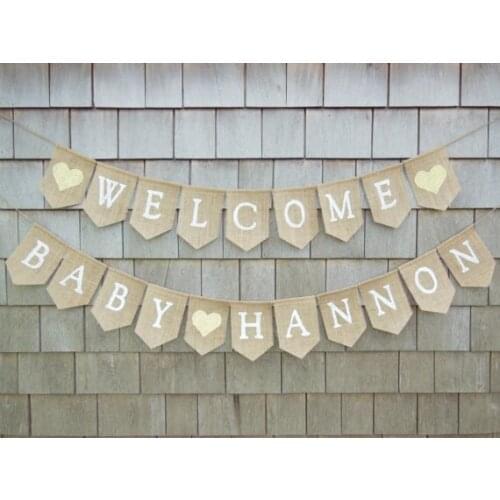 Custom name welcome baby SHOWER birthday burlap Banners BAPTISM party nursery room Buntings garlands Photo Prop signs