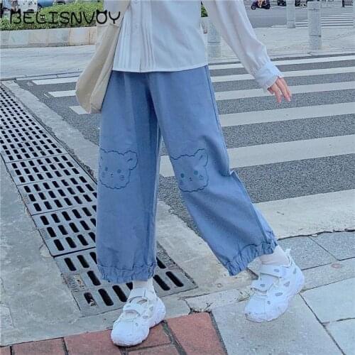 Japanese Spring Autumn Women Wide Leg Pants High Waist 3 Colors Bear Embroidery Trouses Cute Kawaii Ruffles Students Capris