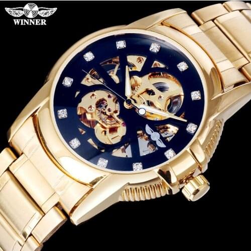 WINNER popular fashion brand men mechanical watches luxury rhinestone casual gold skeleton wristwatches steel band reloj hombre