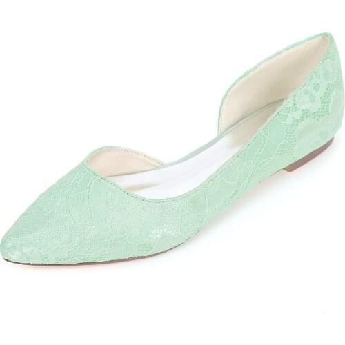 Creativesugar D'orsay side empty flats pointed toe lace womens flat shoes bridal wedding party prom fresh color prom mint green