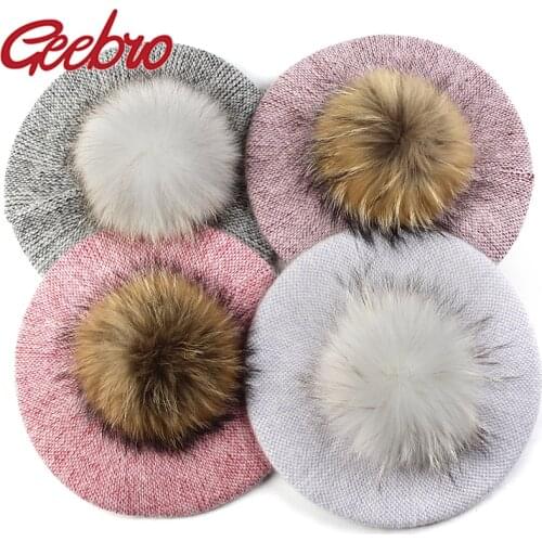 Geebro New Fashion Women Angora rabbit Beret 15 cm Real Ball Pom Poms Female Bonnet Caps Winter Warm Walking Hats Beanie Hat