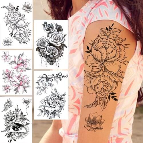Henna Flower Temporary Tattoos For Women Adults Black Triangle Eye Rose Tattoo Sticker Lotus Lily Fake Transferable Tatoos Body