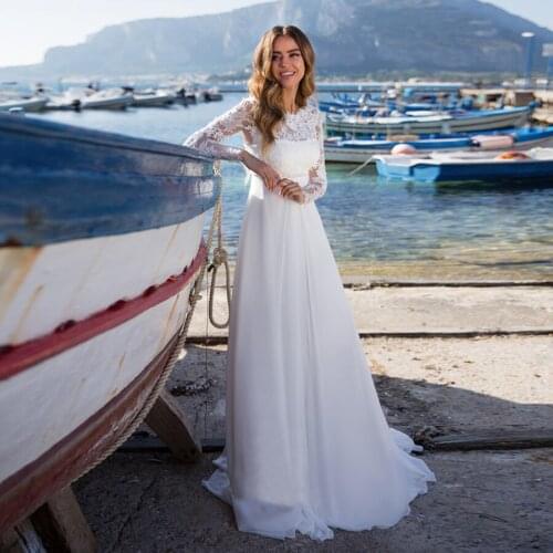 High Neck Lace Applique Empire Waistline Long Sleeves Beach Wedding Dress Sleeveless Backless Sweep Train Bridal Dress