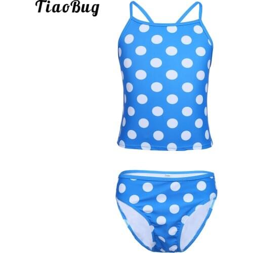 TiaoBug Summer 2Pcs Girls Spaghetti Shoulder Straps Polka Dots Tankini Swimsuit Swimwear Tops With Bottoms Beach Sets