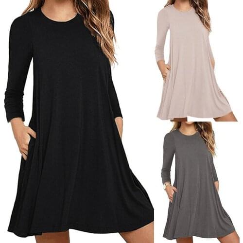 Round Neck Solid Color Mini Dress Women Long Sleeve Pockets Tunic Dress Streetwear