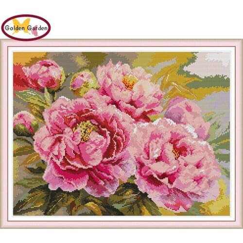 GG Beautiful Pink Peony Joy Sunday Counted Cross Stitch 11CT 14CT Cross Stitch Set Flower Embroidery Needlework Kit Home Decor