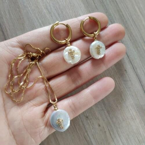 Freshwater Pearl Bead White Cz Crystal Paved Tiny Gold Cross Religious Charm Women Hoop Earring Choker Necklace Jewelry Set 2020