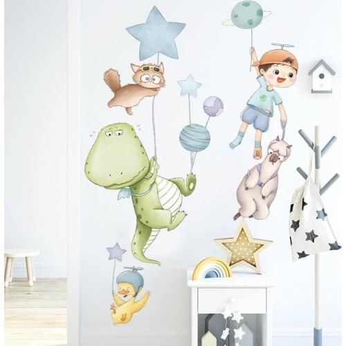 Flying Dinosaur Boy Wall Stickers for Children Bedroom Kids Room Decoration Wall Decor Nursery Decor PVC Decals Home Decoration
