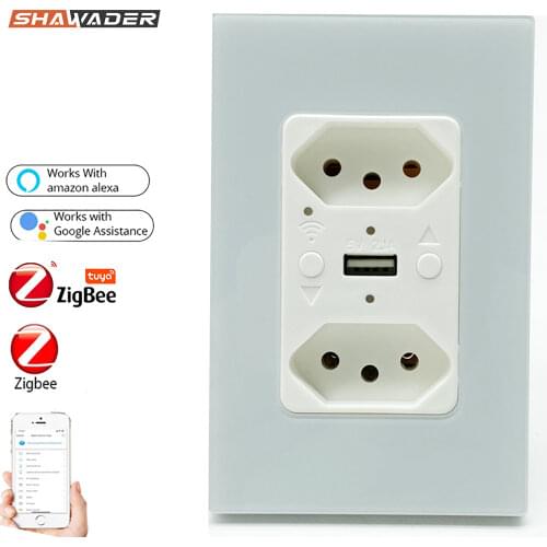Smart Zigbee Tuya Brazil Wall Socket Tomada USB Electrical Plug Outlet Glass Panel Remote Alexa Google Home Gateway Hub Required