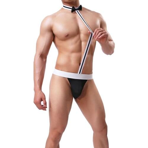 Mens Sexy Underwear Bow Tie Stretch One-Piece Thong Sex Costumes Erotic Lingerie Underpants Bodysuit Men Clothing Wear Male