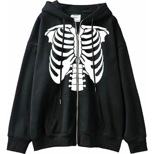 Gothic Hip-Hop Street Skull Oversized Hoodie Y2K Trend Fashion Zip-Up Loose Zipper Sweatshirt Women Clothing with Pocket