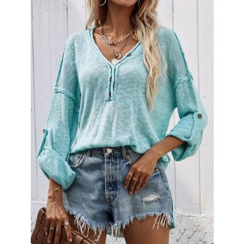 Thin Long Sleeve Hollow Out Solid Knitted Sweaters Button V-Neck Tops Loose Cardigan Womens Sweater Clothing