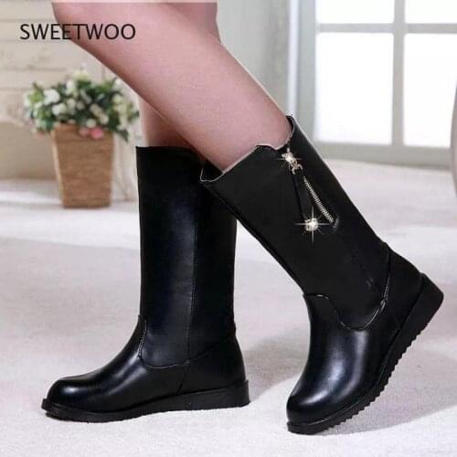 High-quality cowhide round-toe plus size mid-tube boots with platform zipper designer fashion boots