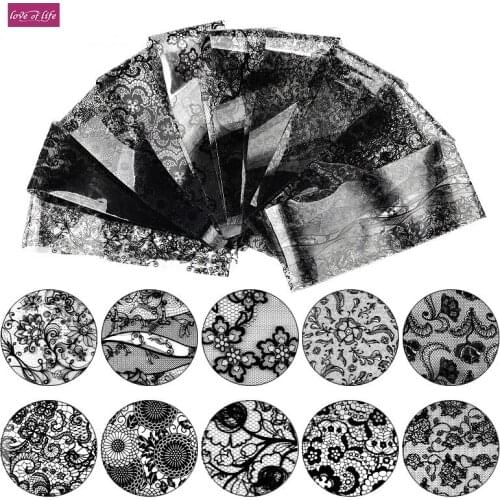10pcs Top Quality Black Flowers Lace 3d Nail Stickers Decals Self Adhesive DIY Charm Design Manicure Nail Art Decorations