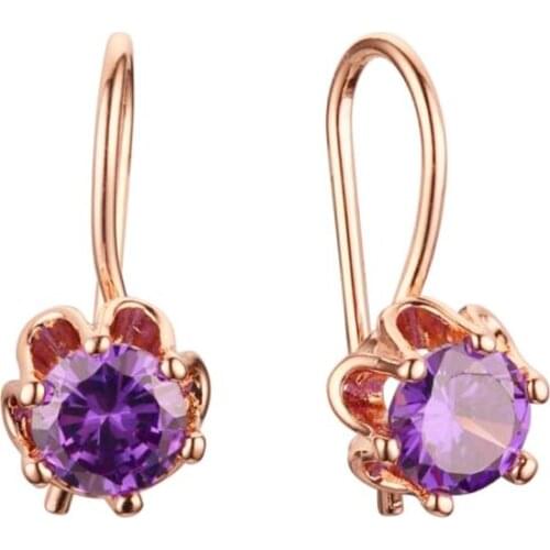 2 Color Women Hook Lock Purple/White Stone 585 Rose Gold Color Plant Drop Earrings