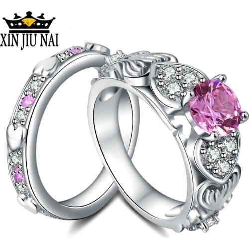 2/pc Romantic Heart Shape Crystal Engagement Wedding Ring for Women Pink/Red Gems Sets Ring for Anniversary Party Jewelry Gifts