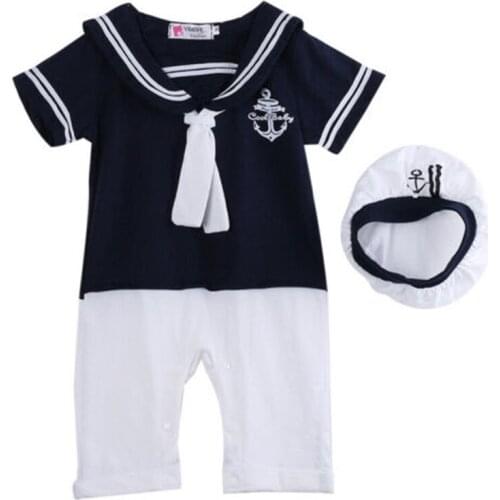 Free shipping Newborn Baby Boys clothes long sleeve sailor collar striped Romper Geometry Hat 2pc summer kids Toddler outfits