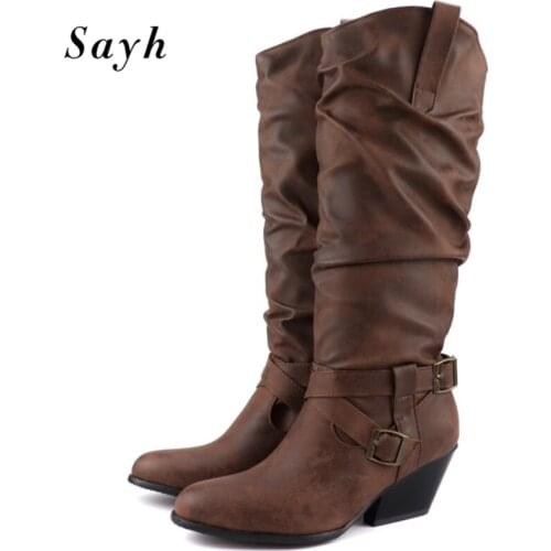 2020 New Female Gladiator Rome Boots Winter Retro Western Riding Boot Buckle Strap Knee High Boots high Heels Shoes