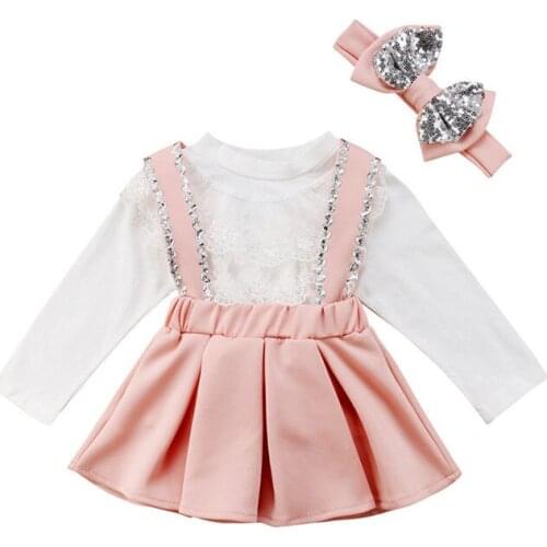 New Toddler Kids Girs Lace Tops Sequin Strap Skirt Headband 3Pcs Outfits Set Clothes Toddler Girl Clothes Cotton O-neck