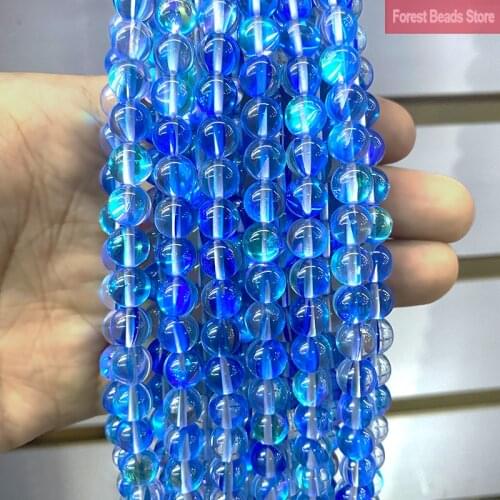 6 8 10 12MM Blue Austria Crystal Synthetic Glitter Moon Stone Round Beads DIY Bracelet Necklace 15" Strand for Jewelry Making