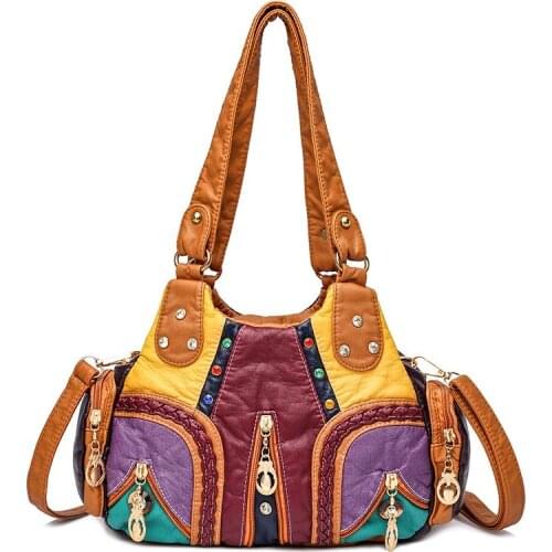 Color Patchwork Shoulder Bags for Women Washed PU Leather Vintage Handbags Classic Elegant European style Designer Hobos