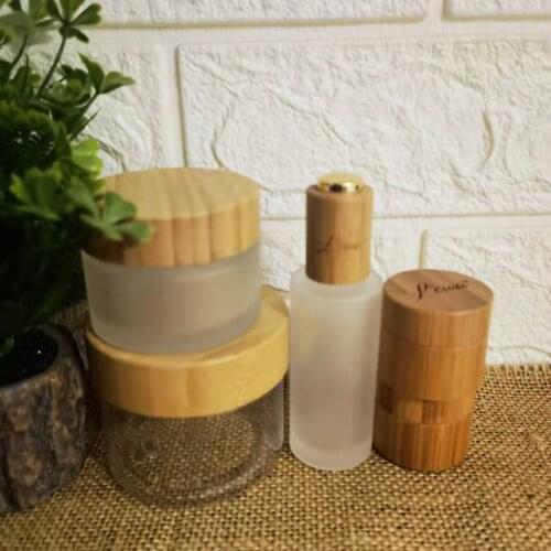 Engraving Frosted glass spray bottle Perfume bottles Skincare cream jars Mask Essence Cosmetic packaging with wooden bamboo cap
