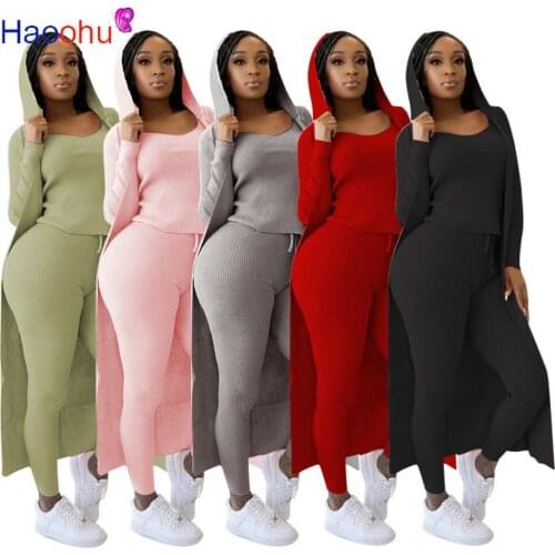 Elastic Hight Ribbed Bodycon 3 Pieces Sets Autumn Winter Clothes for Women Tank Tops+skinny Legging+hooded Long Sleeve Cardigan