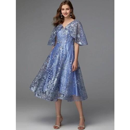 A-Line V Neck Tea Length Lace Floral / Blue Cocktail Party / Prom Dress with Appliques / Pattern / Print 2020
