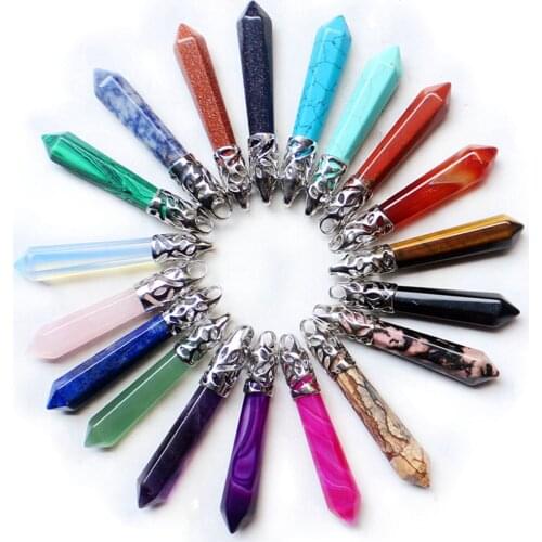 Hot Sale Natural Crystal Stone Fashion Jewelry Hexagonal Column Shape Metal Hollow Head Pendant 60mm Men And Women Drop Necklace