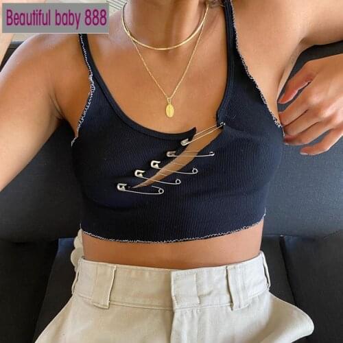 Meqeiss Harajuku Street Sleeveless Camisole Woman 2021 Summer Brooch Solid Color Leisure Wear Bar Party Bodycon Tank Crop Top