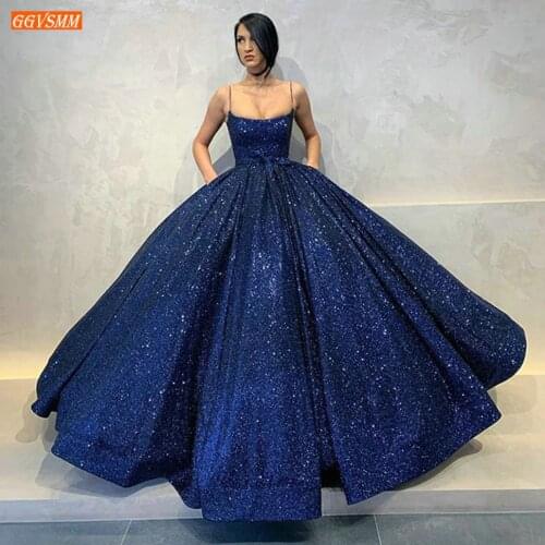Fashion Royal Blue Long Evening Dresses 2020 Puffy Spaghetti Strap Pockets Evening Gowns Arabic Dubai Women Formal Party Dress