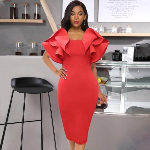 Fashion Red Bodycon Dresses for Women Ruffles Party Event Midi Dress Elegant Slim Vestido African Date Out Celebrate Dress 2021