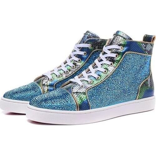 Moraima Snc Men Shoes Round Toe Sky Blue Crystal Embellished Fashion Shoe Lace-up High Top Sneaker Casual Shoe