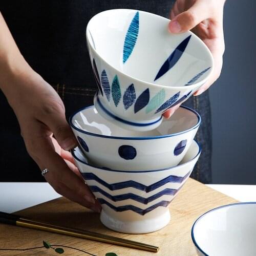 Ceramic tableware set household high foot hat bowl ramen trumpet soup bowl blue dinner plates serving tray