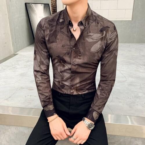 New Mens Long-sleeved Shirt Fashion Printed Slim Fit Tops Four Seasons