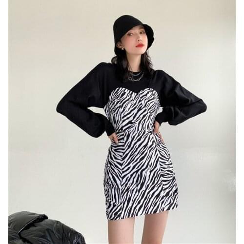 Stitching Dress 2021 New Womens Slim Lantern Sleeve Zebra Pattern A-Line Dress Spring Fashion Clothing