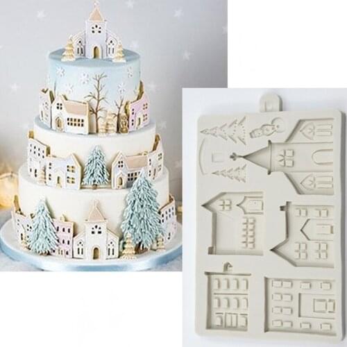 Christmas House Castle Tree Ice Snow Silicone Mold for Fondant Cake Decorating Tools Chocolate Baking Mould Kitchen Accessories