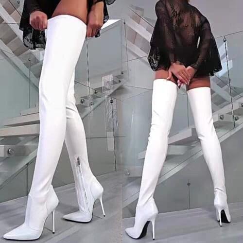 Stylish Pointy Toe Tight High Boots Stiletto Heels Zipper Over The Knee Boots White Black Red Leather Winter Tall Boots Size 45