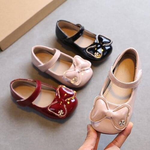 Girls Mary Janes Shoes Spring Autumn Butterfly Knot Princess Shoes Crystal Patent Leather Shoes Dance Party Toddlers Wine Red